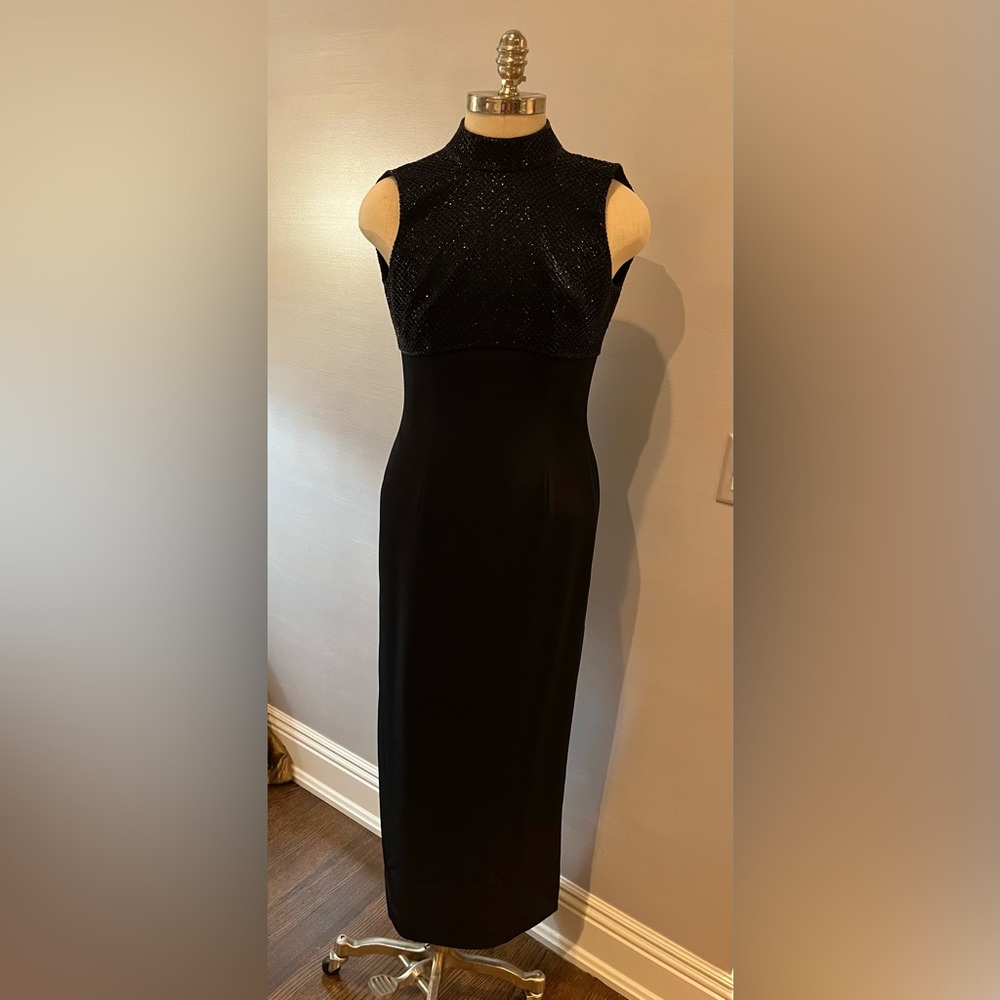 Vintage Black Tie beaded black dress.  Size Petite 10